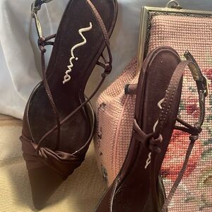 vintage NINA chocolate brown satin slingback pumps.